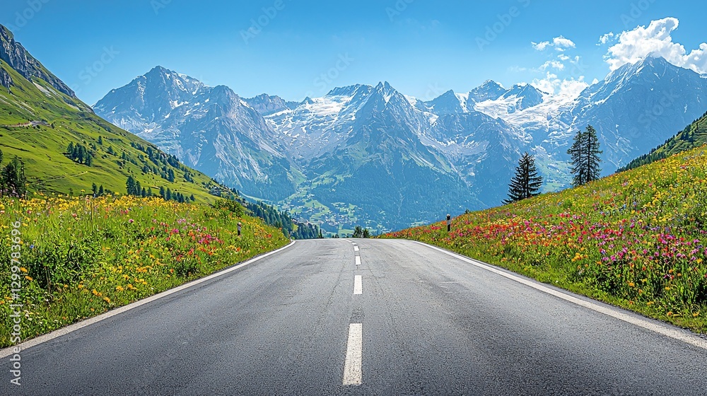 Naklejka premium Scenic Road Journey Through Mountainous Landscape Switzerland Nature Photography Daytime Panoramic View