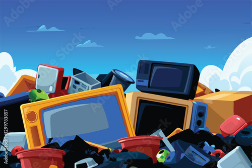 Generate a whimsical illustration of a landfill overflowing with cartoon-style trash  bottles, cans, toys, food wrappers, etc.  Bright, cheerful colors.