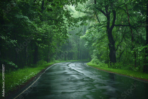 Road in green forest in rainy summer day