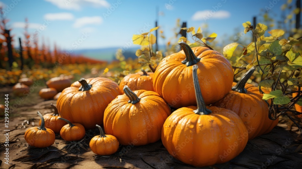 A cluster of autumn pumpkins in a field A cluster of autumn pumpkins in a field