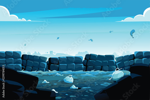 A photograph depicting a landfill site showcasing compacted trash cubes, with a stray animal visible amidst the refuse.  Focus on environmental degradation.