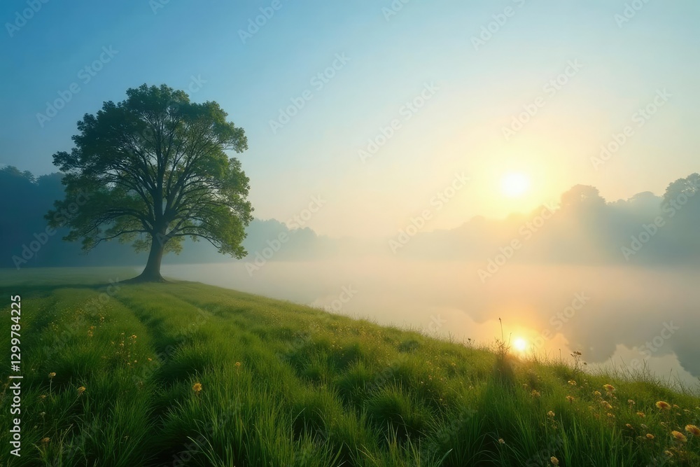 Gentle morning mist amidst a clear blue sky and sun, nature, peaceful, atmosphere Gentle morning mist amidst a clear blue sky and sun, nature, peaceful, atmosphere