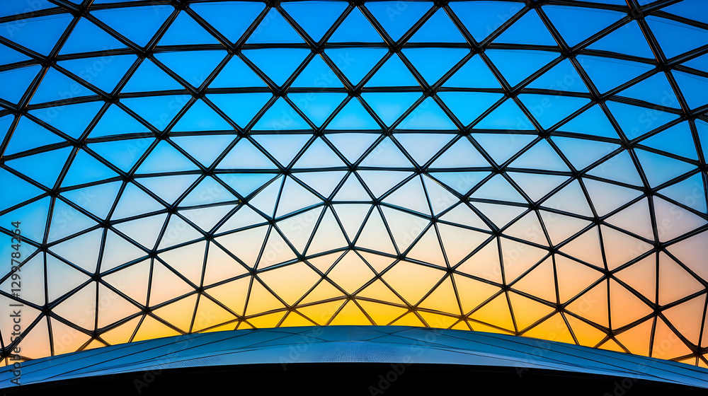 Fototapeta premium Geometric Glass Dome Interior With Triangle Grid And Sunset Sky Background