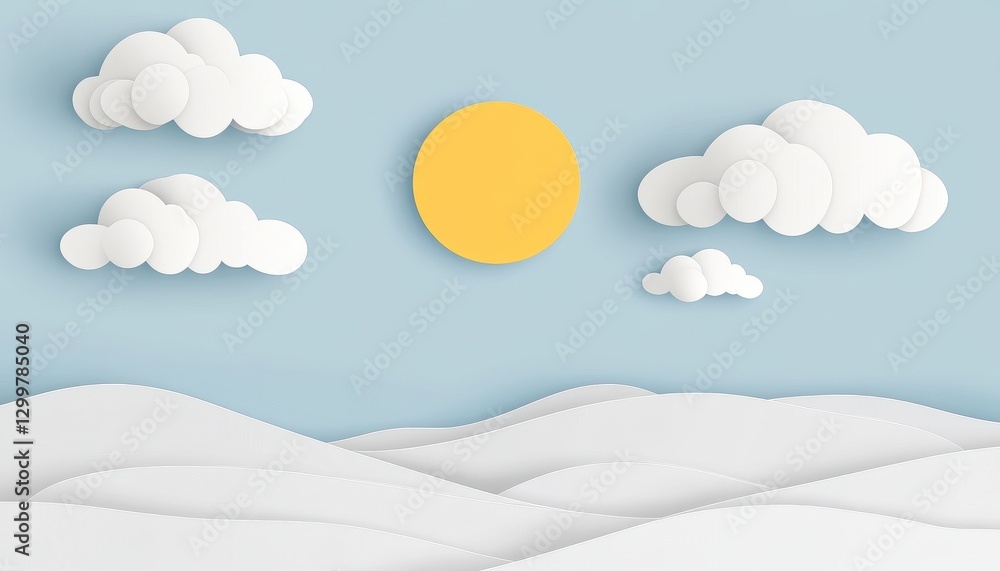 Paper art landscape with yellow sun and white clouds Paper art landscape with yellow sun and white clouds