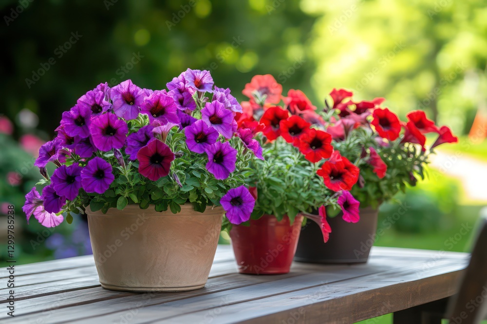 A decorative setup with pots of red and purple petunias, positioned on an outdoor garden table, adding color and charm to the environment. A decorative setup with pots of red and purple petunias, positioned on an outdoor garden table, adding color and charm to the environment.