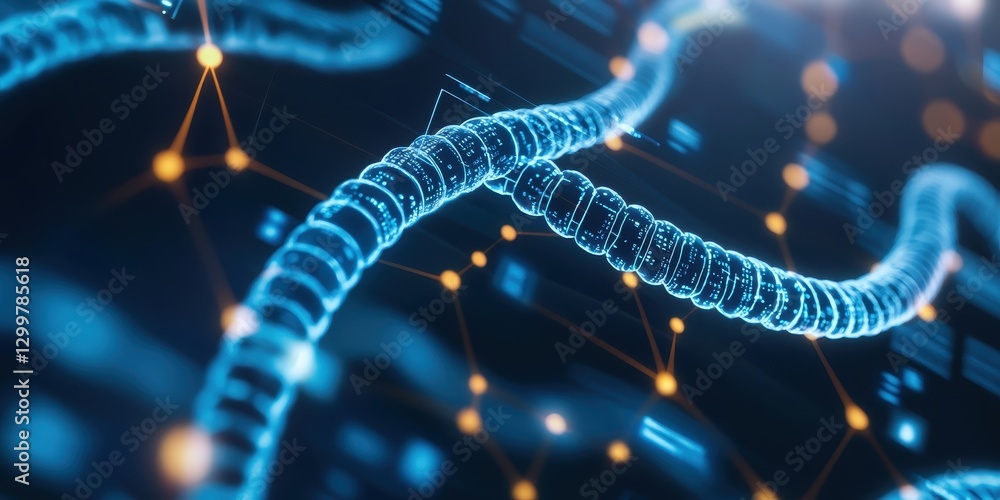 Biotechnology and genomics concept. Abstract digital representation of interconnected strands resembling DNA or data flow. Biotechnology and genomics concept. Abstract digital representation of interconnected strands resembling DNA or data flow.