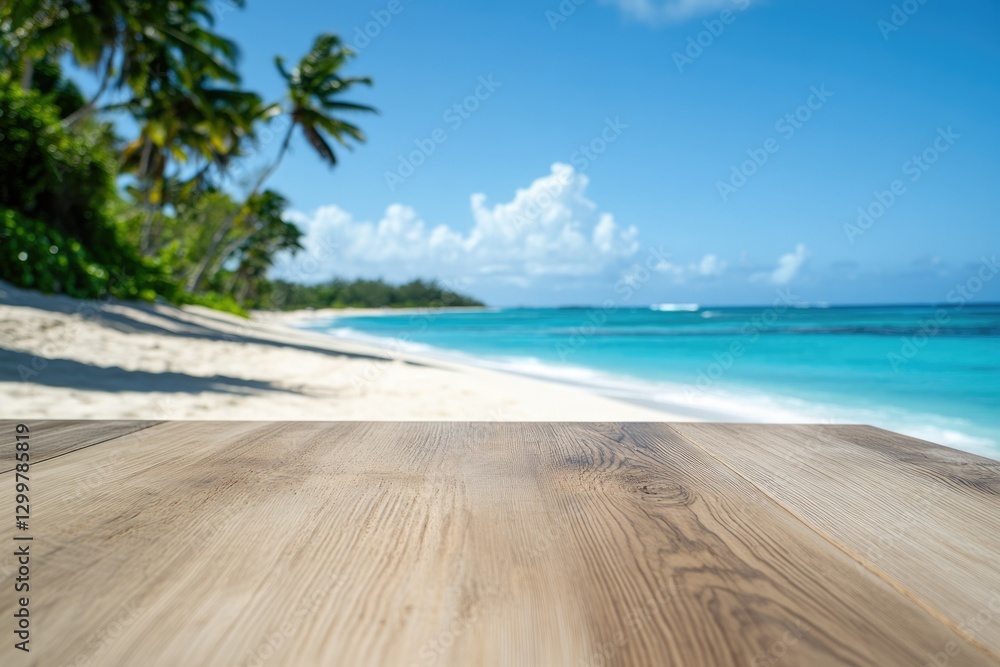 Fototapeta premium Serene tropical beach scene with white sand, turquoise water, and palm trees; idyllic summer vacation.