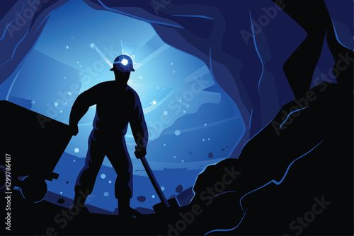 A miner's silhouetted figure, powerfully illuminated by a bright headlamp beam in a dark, cavernous mine shaft.