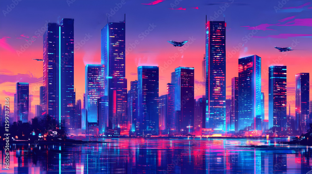 Fototapeta premium A vibrant cityscape with neon lights reflecting on the water below