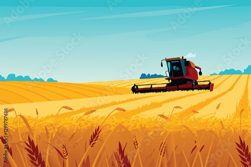 A sleek, modern combine harvester harvests a vast, golden wheat field under a bright sun.  The scene emphasizes scale and efficiency.