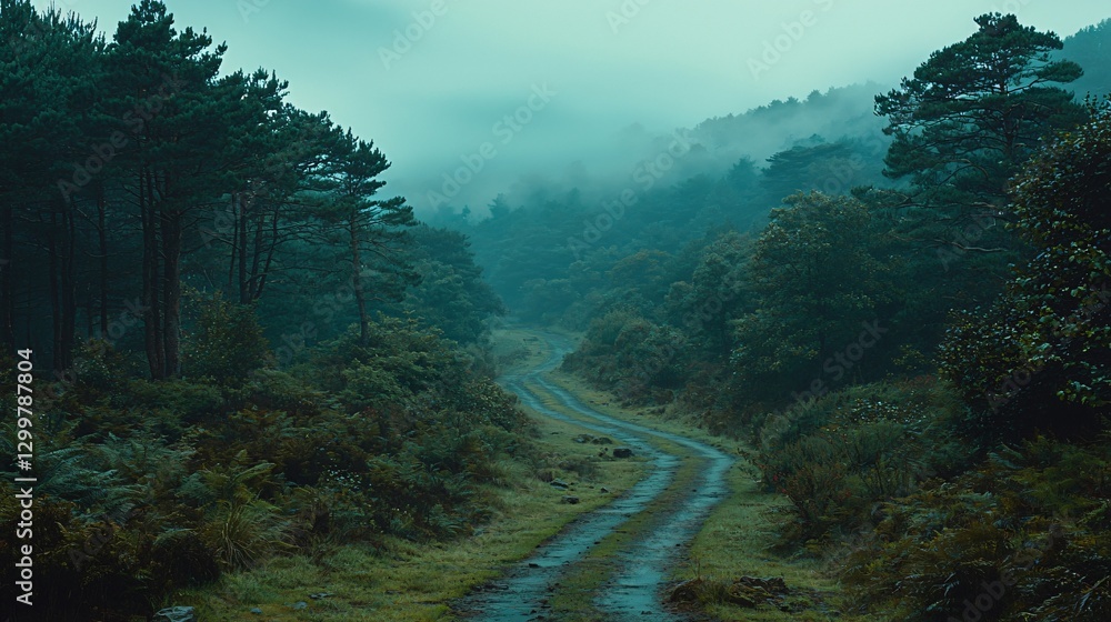 Mysterious Foggy Pathway Lush Forest Nature Scene Serene Environment Ground-Level View Exploration Concept Mysterious Foggy Pathway Lush Forest Nature Scene Serene Environment Ground-Level View Exploration Concept