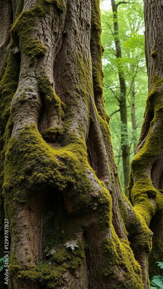 Ancient tree trunks covered with moss and lichen, lichen, forest Ancient tree trunks covered with moss and lichen, lichen, forest