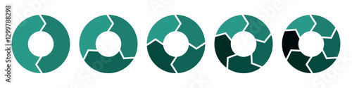Green circle transition stages. Diagram infographic set. Rotation cycle vector 2, 3, 4, 5, 6, parts. Change and flow concept