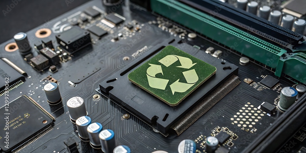 Recycling Technology Concept – Green Eco Chip on Computer Motherboard for Sustainable E-Waste Management Recycling Technology Concept – Green Eco Chip on Computer Motherboard for Sustainable E-Waste Management