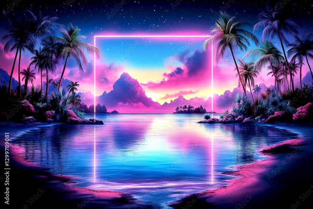 Fototapeta premium Neon green frame surrounds a beautiful blue ocean with palm trees in the background. The frame is glowing and gives the impression of a tropical paradise