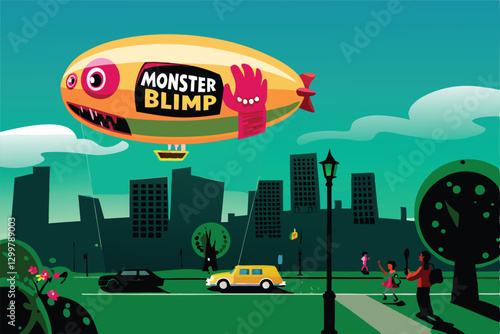 A monstrous creature pilots a large blimp adorned with a massive advertising banner, showcasing a surreal and humorous juxtaposition of fantasy and commerce.