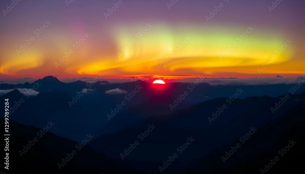 Fototapeta premium Spectacular Aurora Borealis Sunset Over Majestic Mountains Breathtaking Nature Landscape