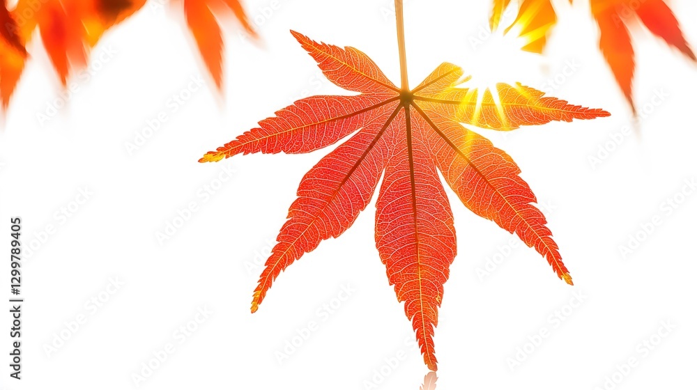 Stunning Autumn Maple Leaf Backlit by Sun, Detailed Veins, Orange Red Hues Stunning Autumn Maple Leaf Backlit by Sun, Detailed Veins, Orange Red Hues