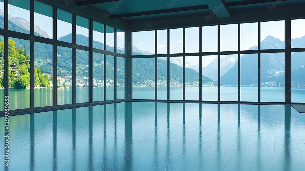 Stunning Lake And Mountain View From Modern Building Interior Stunning Lake And Mountain View From Modern Building Interior