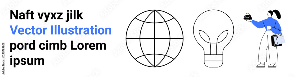 Globe symbolizes connectivity, lightbulb represents innovation, individual holding object suggests interaction and ideas. Ideal for team collaboration, creative thinking, education, global topics Globe symbolizes connectivity, lightbulb represents innovation, individual holding object suggests interaction and ideas. Ideal for team collaboration, creative thinking, education, global topics