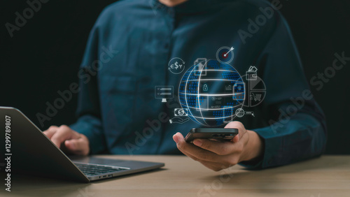 Obraz na płótnie Online banking, digital payment, electronic transaction, and financial technology concept. A woman making an e-payment through mobile banking, utilizing financial technology, and currency exchange. w salonie