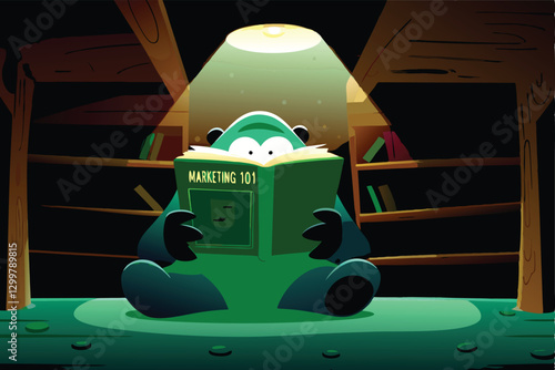 A fearsome, green-skinned monster engrossed in reading "Marketing 101,"  a tattered book,  revealing a surprisingly studious side.