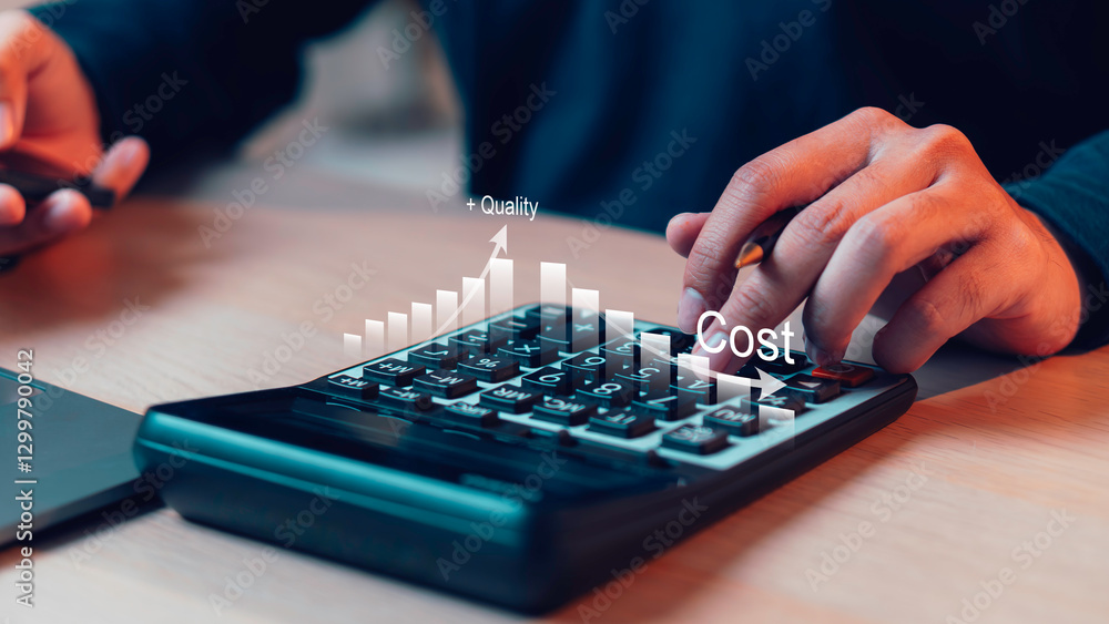 Business strategy, cost and quality control, and project management concept. A businessman using a digital a quality control growth graph and cost reduction for effective business management.