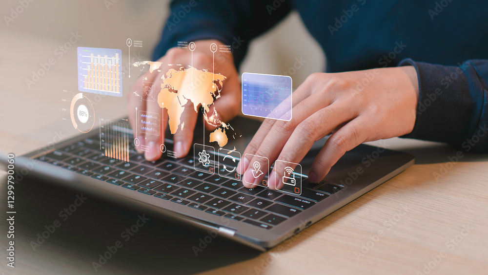 An analyst a computer and dashboard for business data analysis and Data Management System, with KPI and metrics linked to the database for finance, operations, sales, and marketing technology