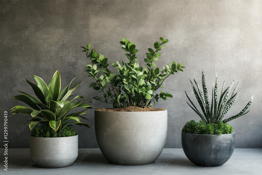 Fototapeta premium A stylish set of contemporary potted plants with concrete textures, perfect for a clean and sophisticated look.