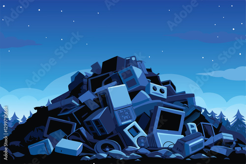 A sprawling mountain of discarded electronic waste, including obsolete computers and peripherals, depicting the global e-waste crisis.