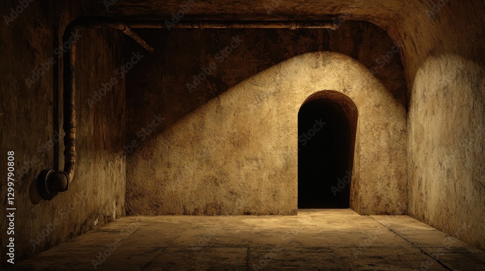 Obraz premium Dimly lit arched doorway in old basement with exposed pipes, vintage architectural design
