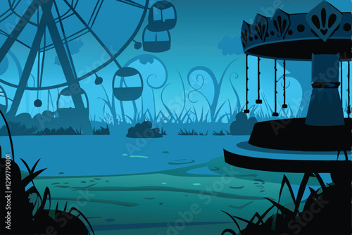 A desolate, overgrown abandoned theme park; rusty rollercoasters and decaying carousel horses are half-hidden by vibrant, encroaching vegetation.