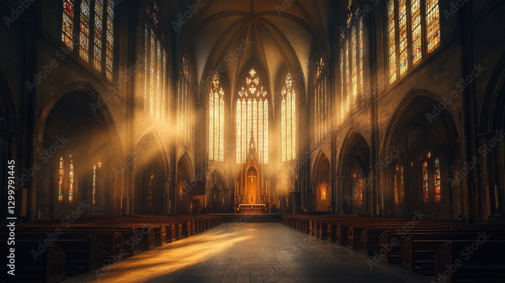 Obraz premium Majestic Cathedral Interior with Sunlight Streaming Through Stained Glass Windows. Spiritual Architecture.