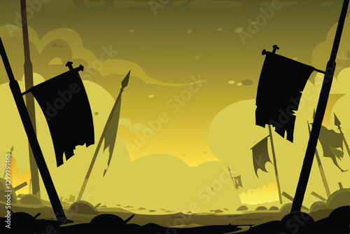 A desolate ancient battlefield strewn with decaying, broken weapons; rusted swords, shattered shields, amidst overgrown vegetation.  Depict a sense of age and loss.