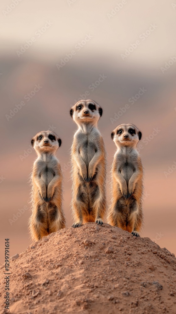 Group of alert meerkats standing guard on a sandy hill in their natural desert habitat, wildlife.