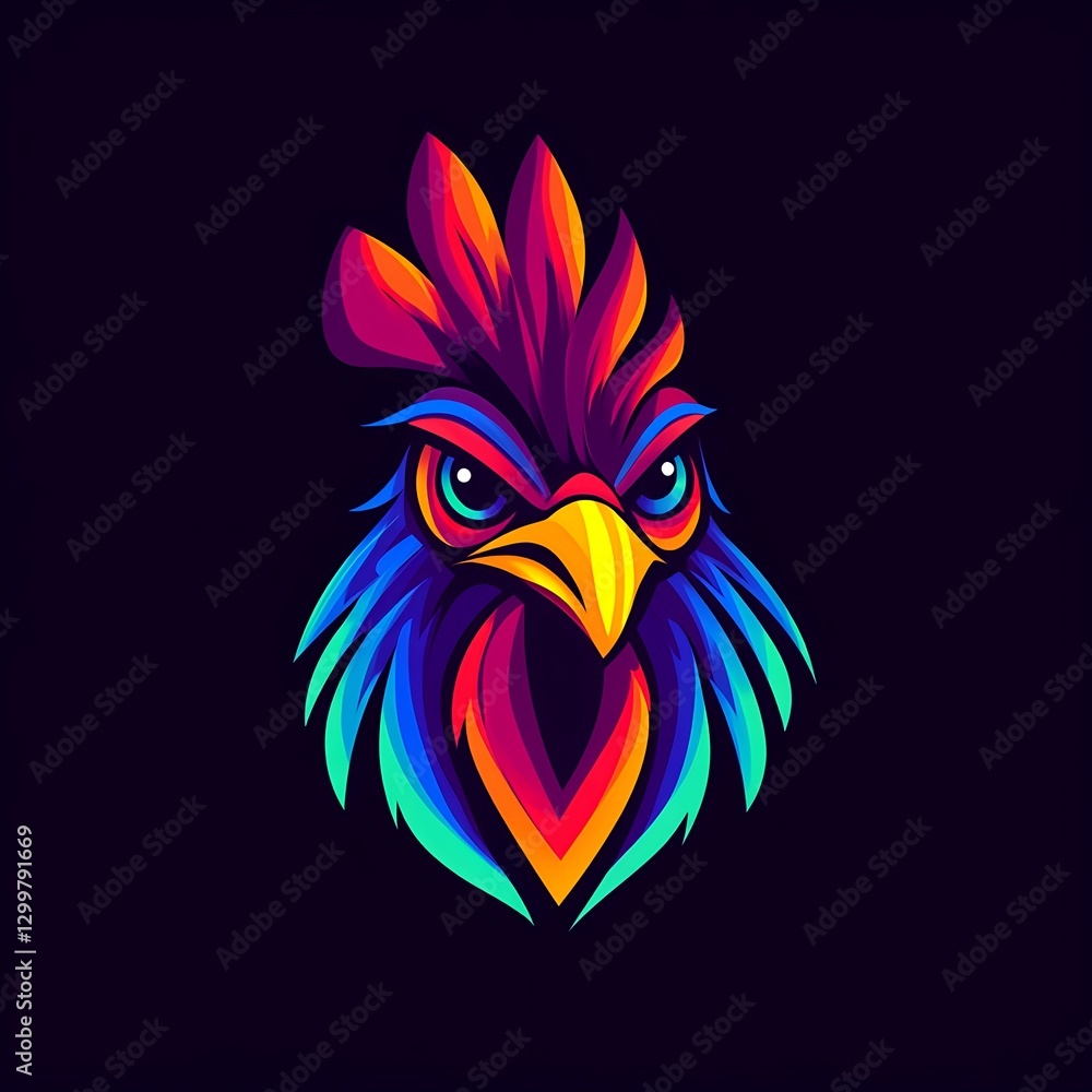 Fiery Rooster: A vibrant, abstract logo design featuring a stylized chicken head in a spectrum of bold, neon colors against a dark background. Fiery Rooster: A vibrant, abstract logo design featuring a stylized chicken head in a spectrum of bold, neon colors against a dark background.
