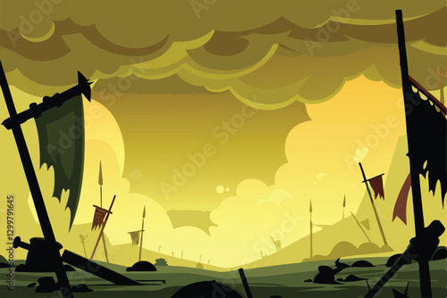 A decaying ancient battlefield strewn with broken swords, rusted spears, and shattered shields, overgrown with weeds and vines; a haunting scene of past conflict.