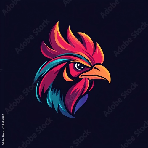 Wallpaper Mural Fiery Rooster Head: A vibrant, stylized logo design with a bold, abstract rooster head against a dark background. Torontodigital.ca