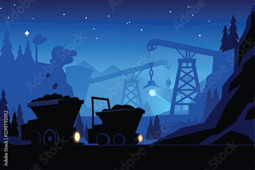 Create a dramatic nighttime image of an active mining operation, vividly lit by the powerful headlights and working lamps of heavy machinery.  Show the scale and intensity of the operation.