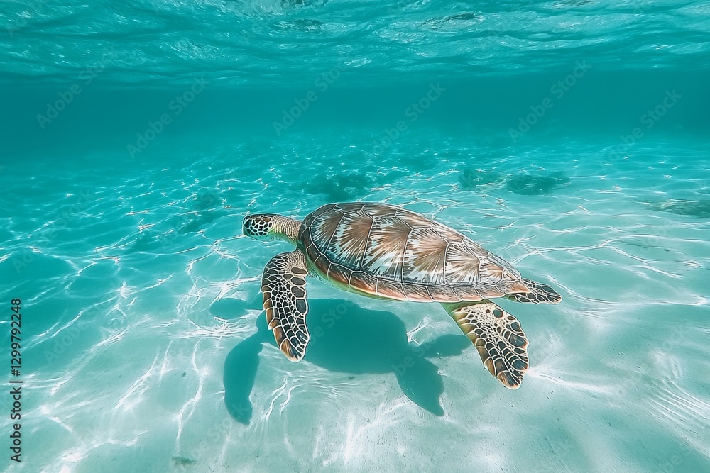 Fototapeta premium Graceful Sea Turtle Swimming Through Crystal Clear Ocean Waters