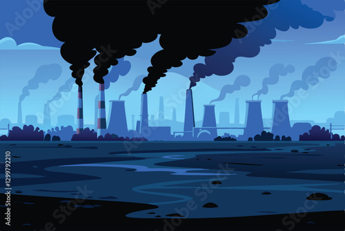A bleak industrial landscape, dominated by a factory emitting thick, black smoke into a grey sky.  Depict environmental pollution and industrial decay.