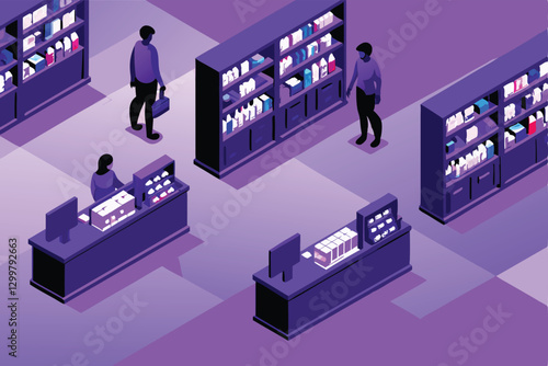 Create a detailed isometric illustration of a modern pharmacy's interior layout, showcasing shelving, counters, and waiting areas.  Include realistic product placement.