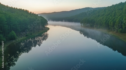 Misty Sunrise over a Calm Forest Lake