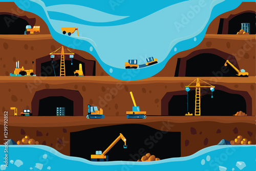 Create a detailed isometric vector illustration of a gold mine with multiple visible levels, showcasing shafts, supports, and potentially miners.  Emphasize gold ore.