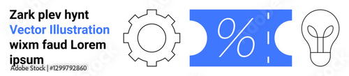 Gear next to blue discount ticket with percent sign and light bulb. Ideal for innovation, creativity, business strategy, finance, discounts, problem-solving, abstract line flat metaphor