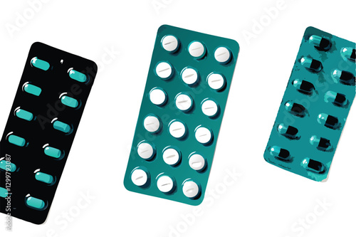 A meticulously organized flat lay showcasing various pill packets, blister packs, and medicine boxes on a clean, neutral background.  Emphasis on neat arrangement and color coordination.