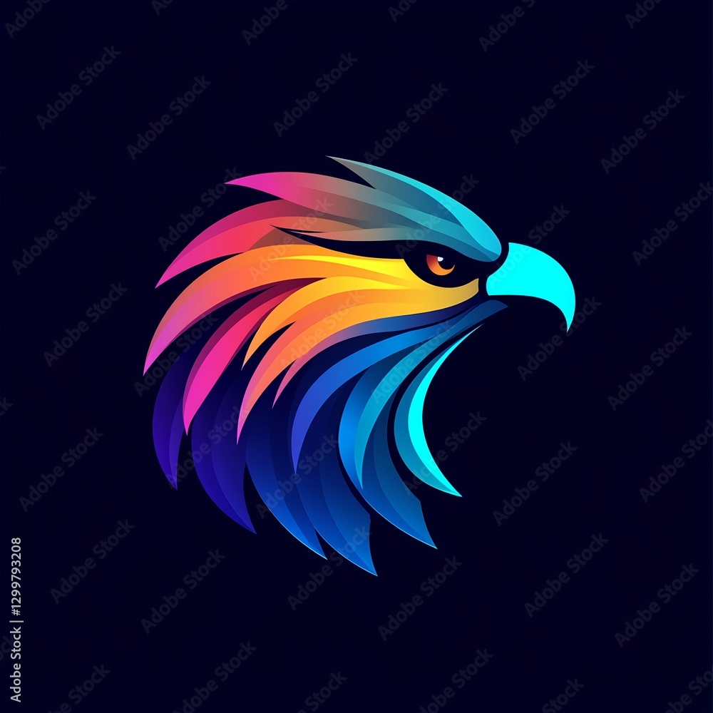 Obraz premium Fierce Eagle Head: Abstract Logo Design in Vibrant Orange and Blue Hues Against a Dark Background