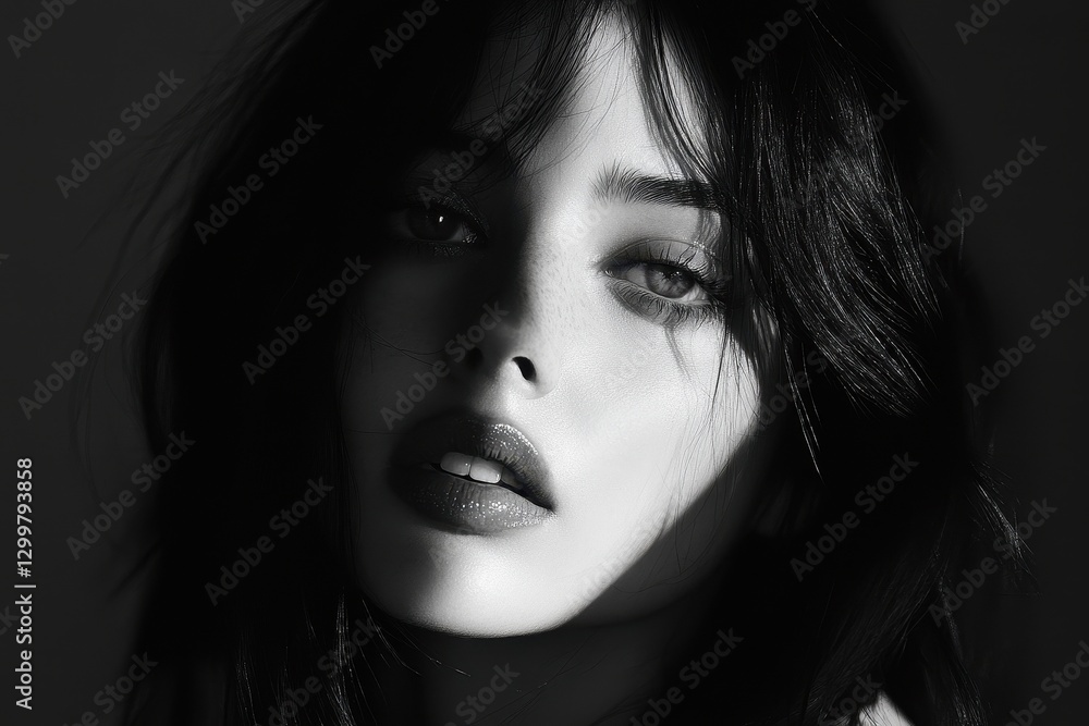 Dramatic Black and White Portrait of a Woman with Intense Expression Dramatic Black and White Portrait of a Woman with Intense Expression