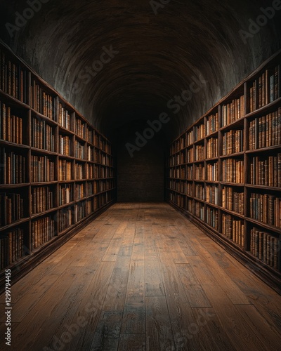 Wallpaper Mural Elegant Library Tunnel: Bookshelves Lined Corridor Leads to Knowledge and Mystery. Dramatic lighting. Torontodigital.ca