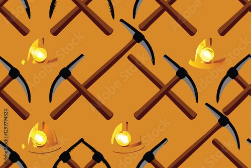 Create a seamless repeating pattern featuring crossed pickaxes and hard hats, incorporating a gritty, industrial aesthetic.